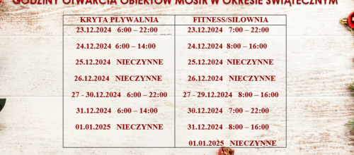 GODZINY OTWARCIA OBIEKTÓW MOSIR W OKRESIE ŚWIĄTECZNYM